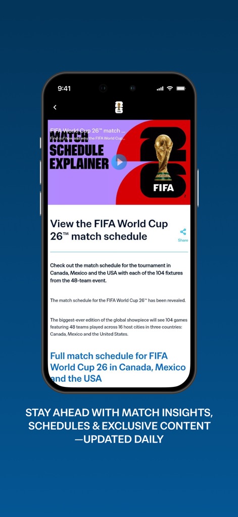 FIFA Official App - The app delivers in-depth "FIFA World Cup 26™ match schedule" content, complete with a video explainer and comprehensive textual analysis for fans.