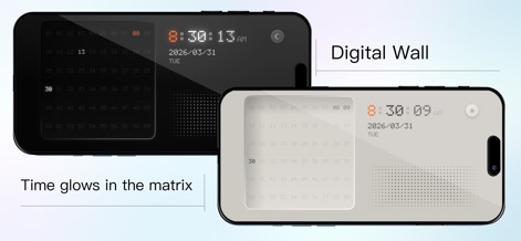 Zen Flip Clock - Minimal Timer - Explore the futuristic 'Digital Wall' theme, presenting time with a distinctive glowing matrix effect and offering both dark and light mode variations for diverse preferences.