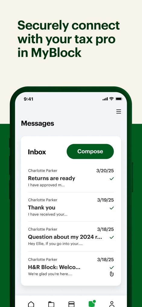 MyBlock: Tax Docs & Refund - Users can securely connect with their tax professional via the 'Messages' inbox, receiving updates and communicating with experts like 'Charlotte Parker'.
