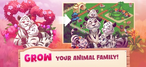 Zoo Craft - Animal Park Tycoon - Nutzer können ihre Tierfamilien erweitern, wie die abgebildete weiße Tigerfamilie in einer herzförmig gestalteten Umgebung, die liebevolle Fürsorge symbolisiert.
