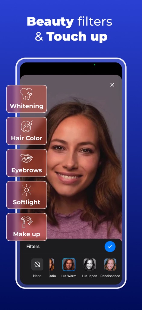Teleprompter - VILO - Los usuarios pueden aplicar diversos filtros de belleza como el blanqueamiento dental y opciones de maquillaje para perfeccionar su imagen en cámara.