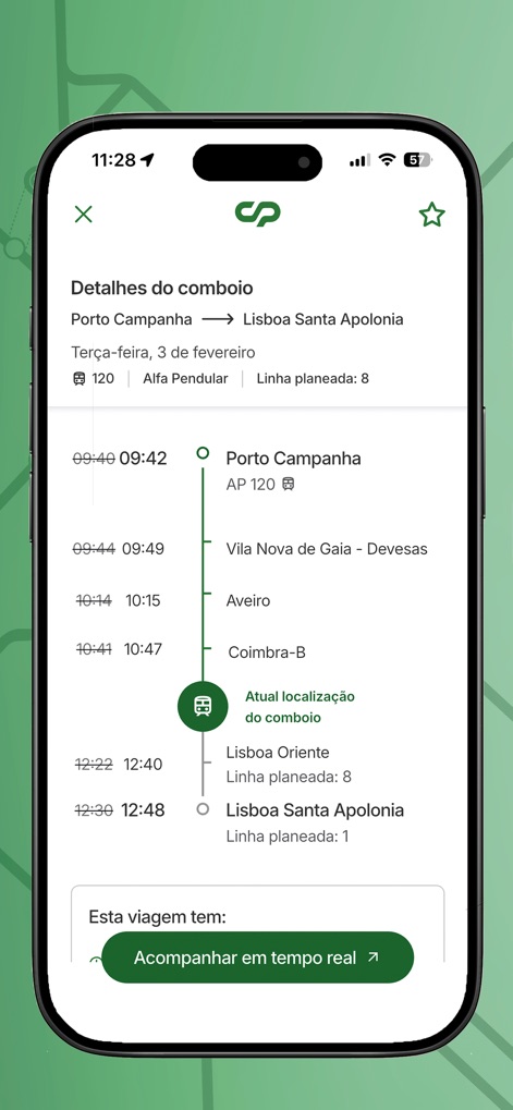 Comboios de Portugal - Cet outil propose une chronologie visuelle des arrêts et la « localisation actuelle du comboio », permettant un suivi précis en temps réel du trajet.