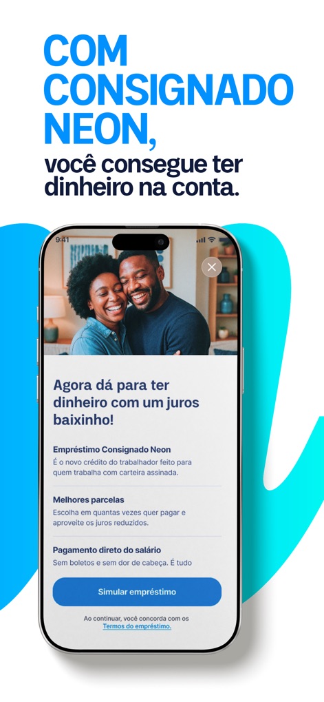 Neon: cartão de crédito - La sección dedicada a "Empréstimo Consignado Neon" y la mención de "Melhores parcelas" ilustran la facilidad con la que la aplicación ofrece soluciones de crédito adaptadas a las capacidades de pago del usuario.