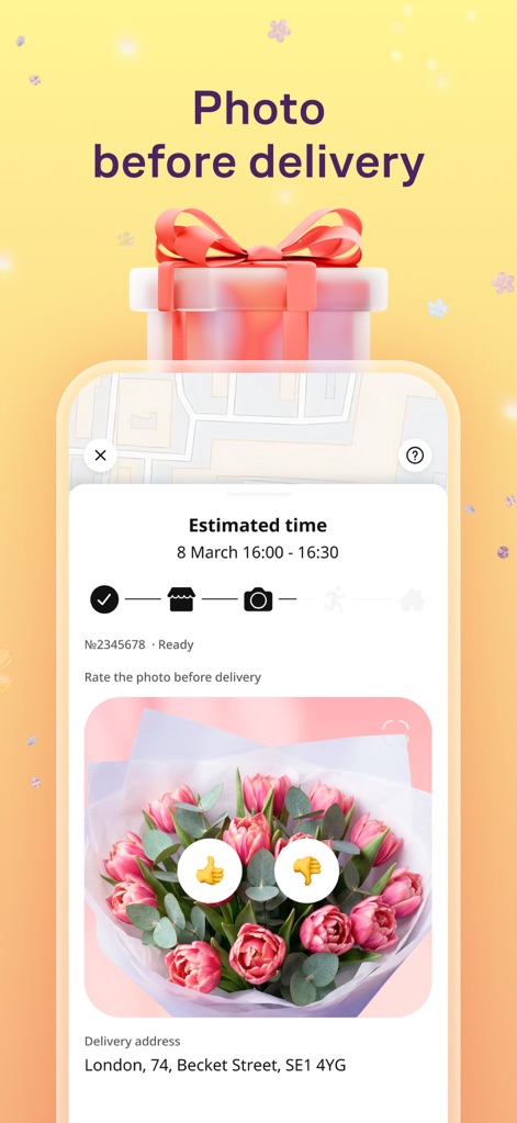Flowwow: Flower Marketplace - The app enhances trust by offering a unique 'Photo before delivery' feature for customer approval, coupled with transparent 'Estimated time' frames for order tracking.