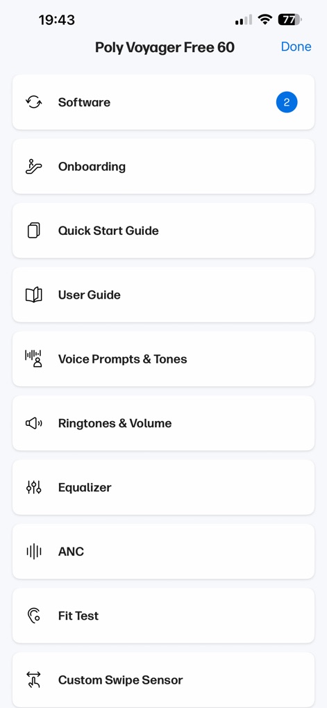 HP Poly Studio Mobile - Los usuarios pueden explorar numerosas opciones de configuración, desde software y guías hasta personalización de audio como el ecualizador y ANC, con un indicador visual de actualizaciones pendientes en la sección de software.