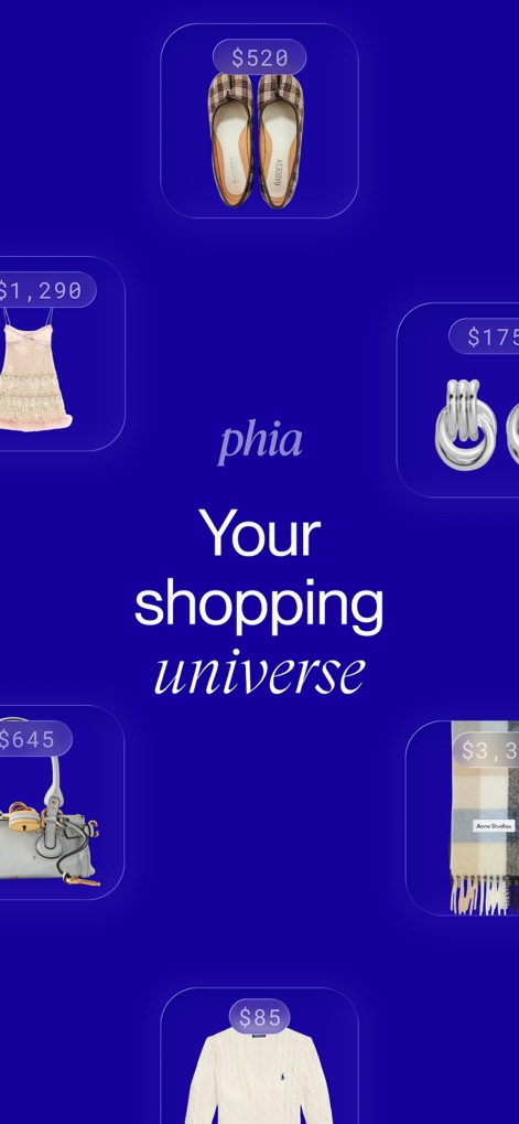 Phia: Shop Smarter, Save Money - Experience a comprehensive "shopping universe" where the app showcases a diverse array of "fashion items" across various categories, each clearly displaying its competitive "price".