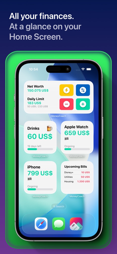 MoneyCoach: Budget Planner - The app's customizable Home Screen widgets provide at-a-glance financial summaries, including real-time updates for net worth and daily spending limits.