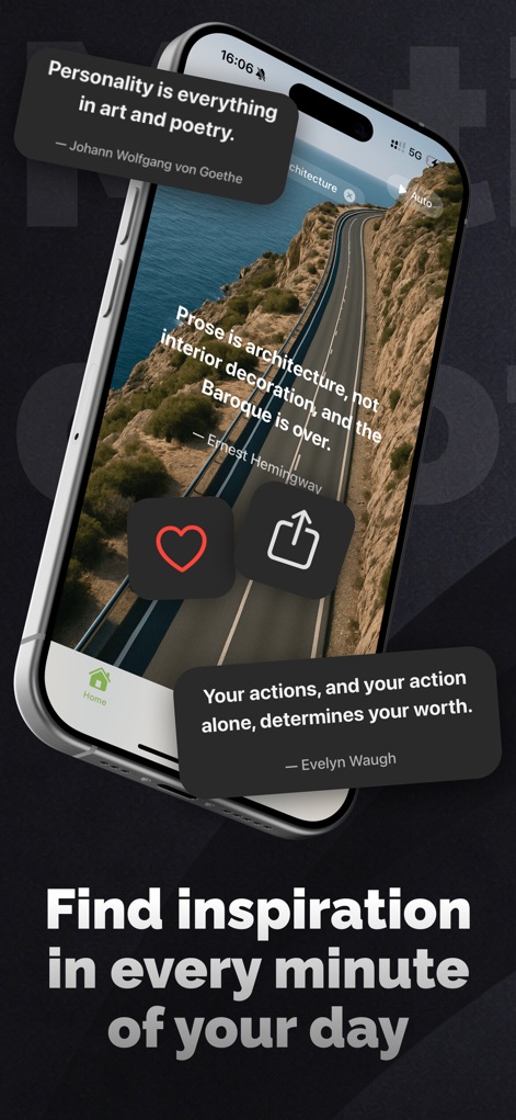 Quotty: Motivational quotes - 美しい背景と共に名言が表示され、ユーザーは簡単に気に入った引用を「いいね」で保存したり、「共有」アイコンから友人と分かち合ったりできます。