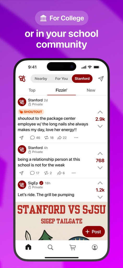 Fizz: Your Authentic Community - Engage with exclusive campus buzz, as the app allows joining specific school communities like 'Stanford' and features special 'SHOUTOUT' post types.