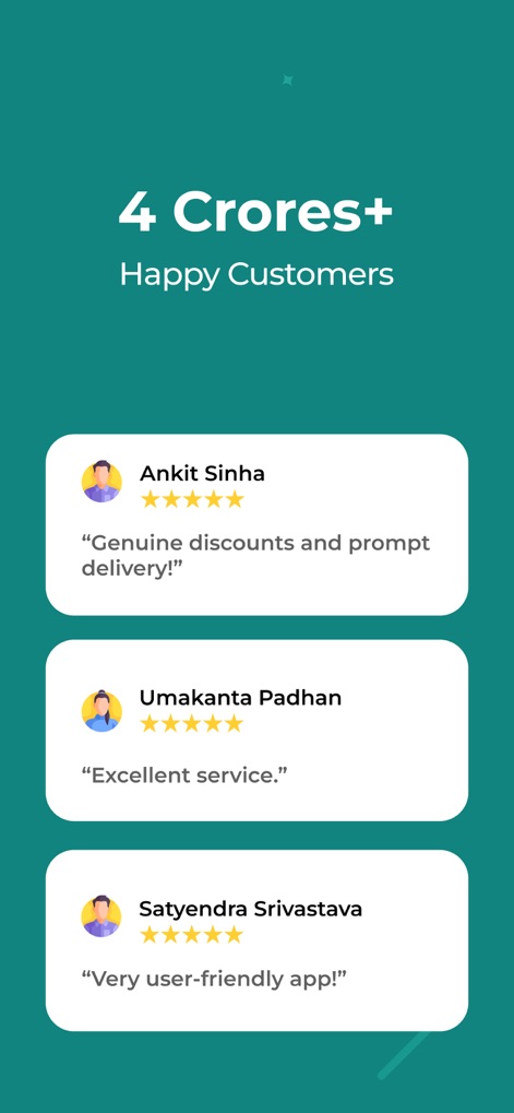 PharmEasy - Healthcare App - This view highlights the app's strong user base with "4 Crores+ Happy Customers" and authentic "user testimonials" providing social proof and positive feedback.