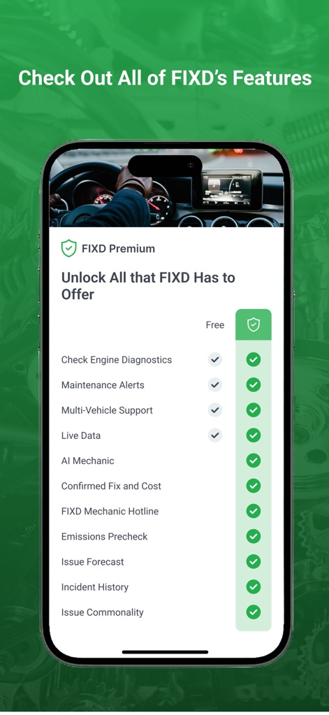 FIXD OBD2 Scanner - Explore the comprehensive 'FIXD Premium' offering, which unlocks advanced functionalities like 'AI Mechanic' and 'Issue Forecast' to elevate the user's car care experience.