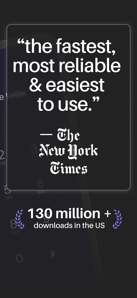 Text Free: Second Phone Number App Store screenshot 2, headline ““the fastest, most reliable & easiest to use.””. No phone, bare screen.