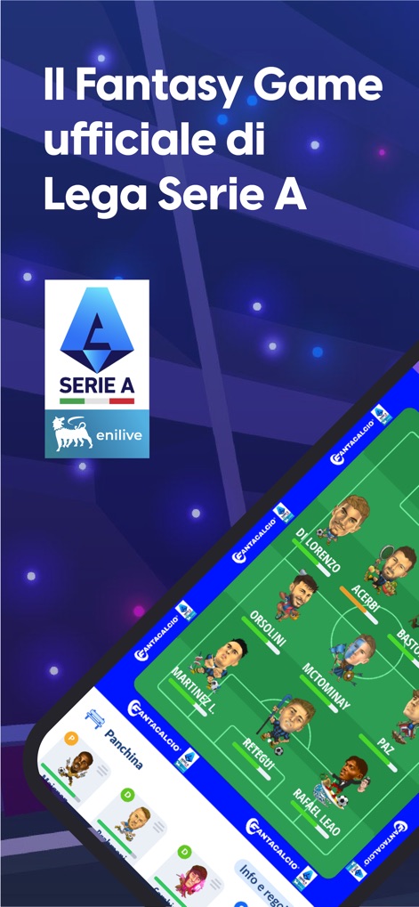 Leghe Fantacalcio® Serie A - The app showcases its official Serie A partnership and the intuitive interface for setting up a team's formation with active and bench players.