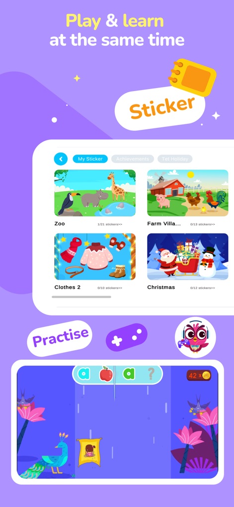 Babilala: Tiếng Anh Online - See how learning is integrated with play through the interactive 'Sticker' collection and the dynamic practice game featuring a charming peacock character.