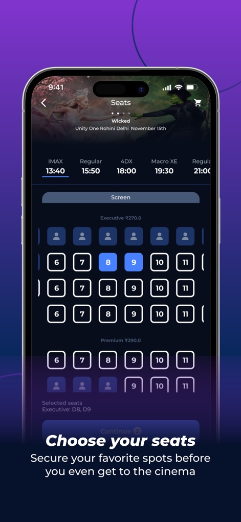Cinépolis Go - Los usuarios pueden seleccionar sus asientos deseados en un mapa de sala interactivo, con distintas categorías de asientos como 'Executive' y 'Premium' claramente indicadas.