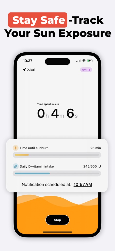 SunSafe: UV Index & Tanning - ユーザーは、このアプリで日差しに費やした時間を正確に計測し、ビタミンD摂取量を追跡することで、健康的な日焼けバランスを維持できます。