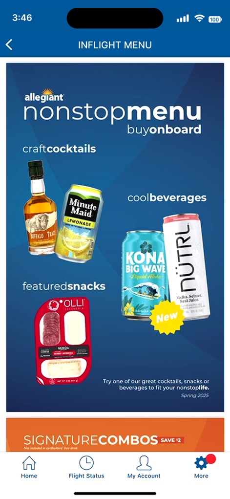 Allegiant - This section displays the "nonstopmenu" for in-flight purchases, featuring appealing options like "craft cocktails" and "featured snacks."