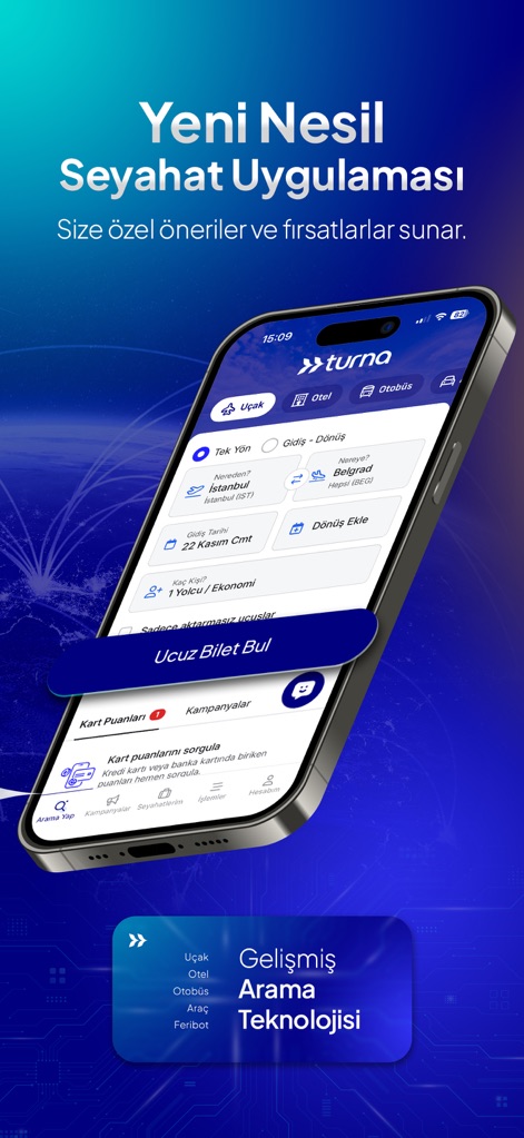 Turna - Uçak Otel Otobüs Araç - Explore the streamlined interface for booking flights, featuring clear origin/destination inputs and advanced search technology prompts.