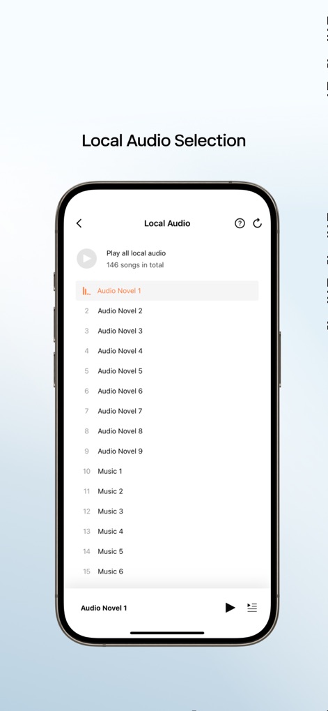 Shokz - Das Display zeigt die Funktion 'Local Audio Selection', die Nutzern das Auswählen und Verwalten einer Vielzahl von lokalen Audiospuren wie 'Audio Novel 1' und 'Music 1' innerhalb der App ermöglicht.
