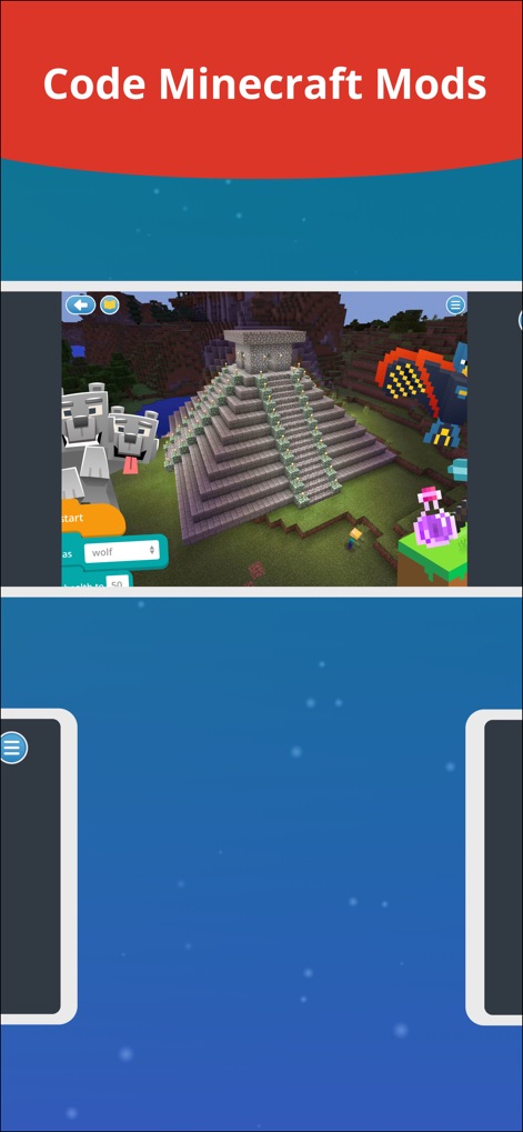 Tynker: Coding for Kids - Cet outil permet de coder des modifications pour Minecraft, comme la construction instantanée d'une pyramède et la programmation du comportement des créatures telles que le loup, enrichissant l'expérience de jeu.