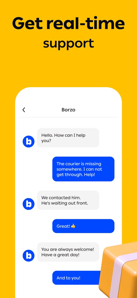 Borzo: Courier Delivery App - La aplicación ofrece un sistema de chat para soporte en tiempo real, permitiendo a los usuarios interactuar con el equipo de Borzo, como se ve en la conversación con preguntas sobre la ubicación del mensajero y respuestas de asistencia.
