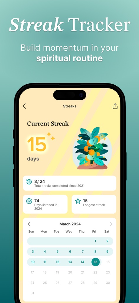 Abide: Bible Prayer Meditation - This "Streak Tracker" feature motivates users by displaying their "Current Streak" of 15 days and a detailed calendar view marking their consistent engagement.