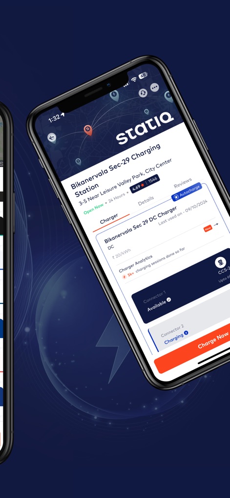 Statiq: EV Charging Stations - Questa schermata fornisce informazioni dettagliate sulla stazione, inclusi recensioni e dati analitici, mostrando chiaramente lo stato e la disponibilità dei connettori.