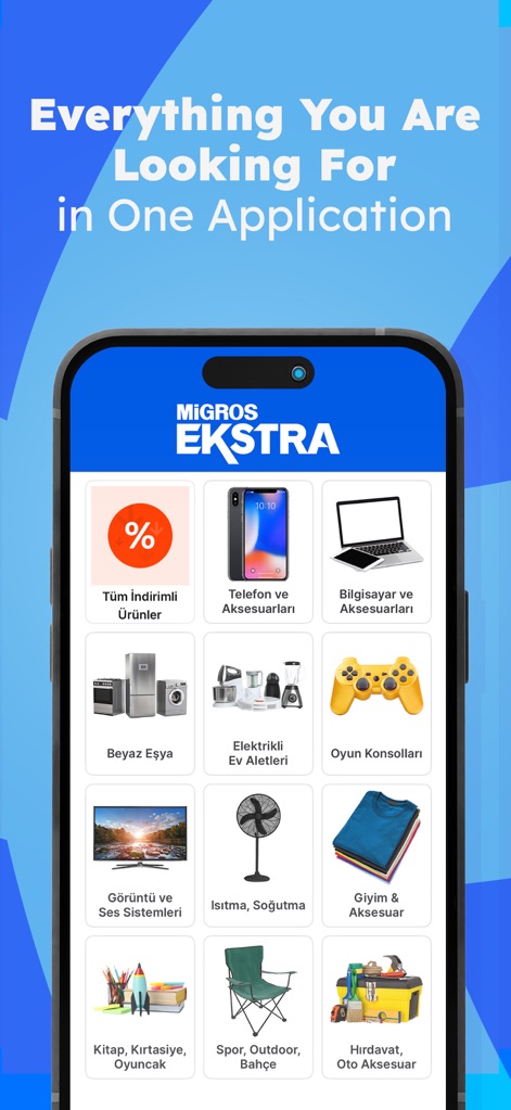Migros: Food & Groceries - Migros Ekstra expands the shopping experience beyond groceries, offering categories like "Telefon ve Aksesuarları" and "Beyaz Eşya" for electronics and home goods.