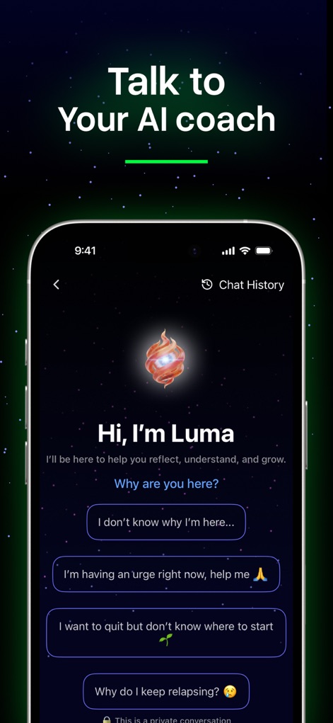 Seed: Quit Temptation & Urges - The app offers an AI coach named Luma, providing personalized support through interactive chat prompts to guide users during moments of temptation or reflection.