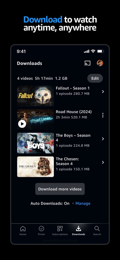 Amazon Prime Video - The dedicated Downloads management section allows users to view and organize their offline content, clearly displaying video titles and file sizes for efficient storage management.