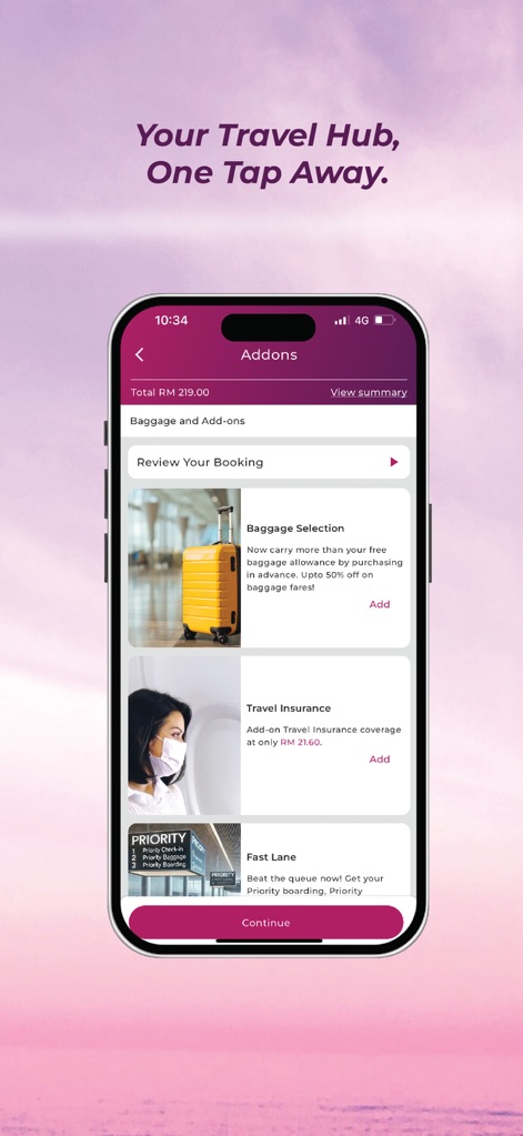 Batik Air - Users can effortlessly personalize their trip by selecting from various 'Addons' like 'Baggage Selection' and 'Travel Insurance', enhancing their travel experience.