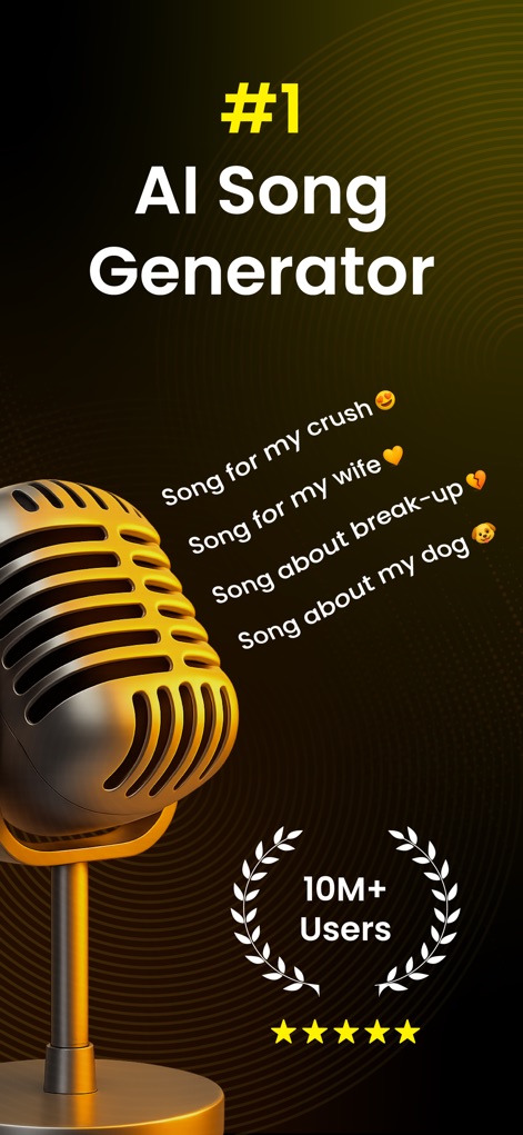 AI Song Generator - Jukebox - Esta captura inicial destaca la posición de liderazgo de la aplicación como el generador de canciones #1, mostrando su alta calificación de 5 estrellas y el impresionante número de más de 10 millones de usuarios.