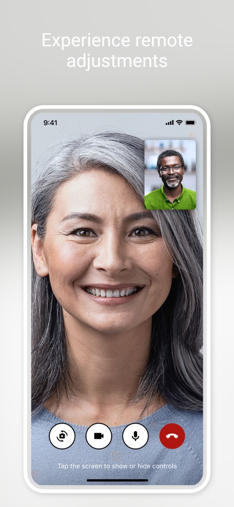 myPhonak - Users can access professional hearing care through a live video call, utilizing the integrated call controls for seamless remote adjustments.