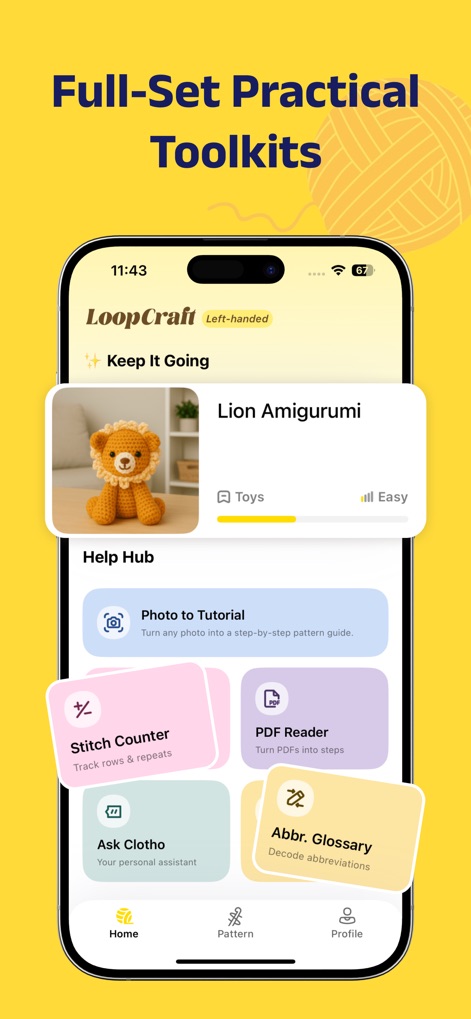 LoopCraft: Crochet & Knitting - Le tableau de bord "Help Hub" centralise une multitude d'outils, incluant un "Stitch Counter" pour suivre les rangs et un "PDF Reader" pour annoter et gérer les patrons importés.
