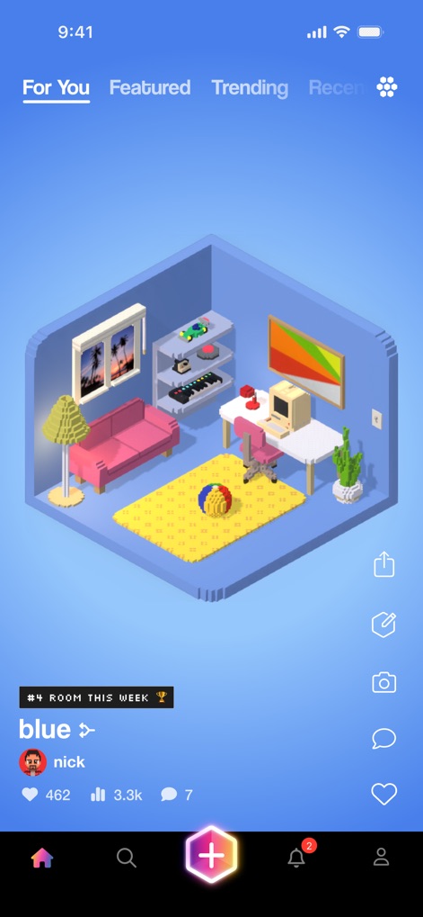 Rooms - This tool presents a detailed isometric room, complete with interactive elements and a clear 'For You' feed navigation for personalized content discovery.