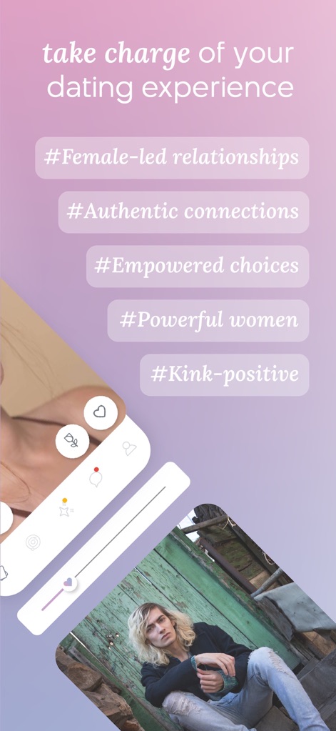Chyrpe: Female-Led Dating - 本画面では、「#Female-led relationships」や「#Kink-positive」といったハッシュタグが表示され、このアプリが女性主導の関係性や多様な性的指向を受け入れるコミュニティを提供していることを示しています。