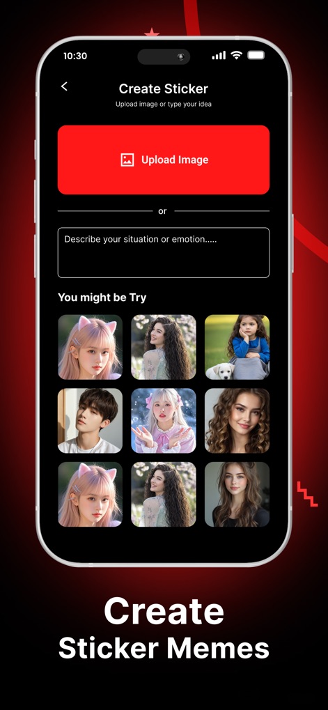 Red gifs: make it meme - Os usuários podem criar adesivos personalizados carregando uma imagem via o botão 'Upload Image' ou descrevendo uma ideia em um campo de texto, com diversas opções de estilo de adesivos sugeridas.