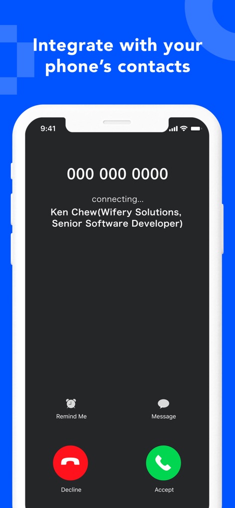 Eight: Business Card Manager - The app seamlessly integrates with phone contacts, displaying detailed information about callers from their digitized business cards during incoming calls.
