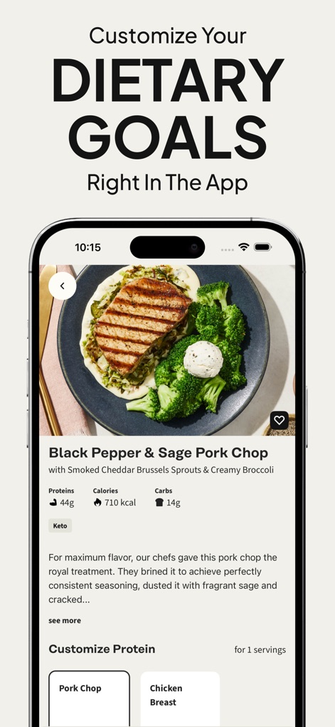 Factor_ Prepared Meal Delivery - Dieser Screen veranschaulicht die detaillierte Mahlzeitenansicht mit spezifischen Nährwertangaben wie „44g Proteine“ und der Möglichkeit, die Proteinquelle anzupassen, um den individuellen „DIETARY GOALS“ gerecht zu werden.