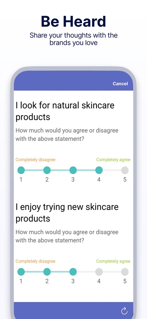 Ipsos iSay: Take Paid Surveys - L'app consente agli utenti di influenzare i brand, mostrando un sondaggio sui 'natural skincare products' e la scala di accordo da '1' a '5'.