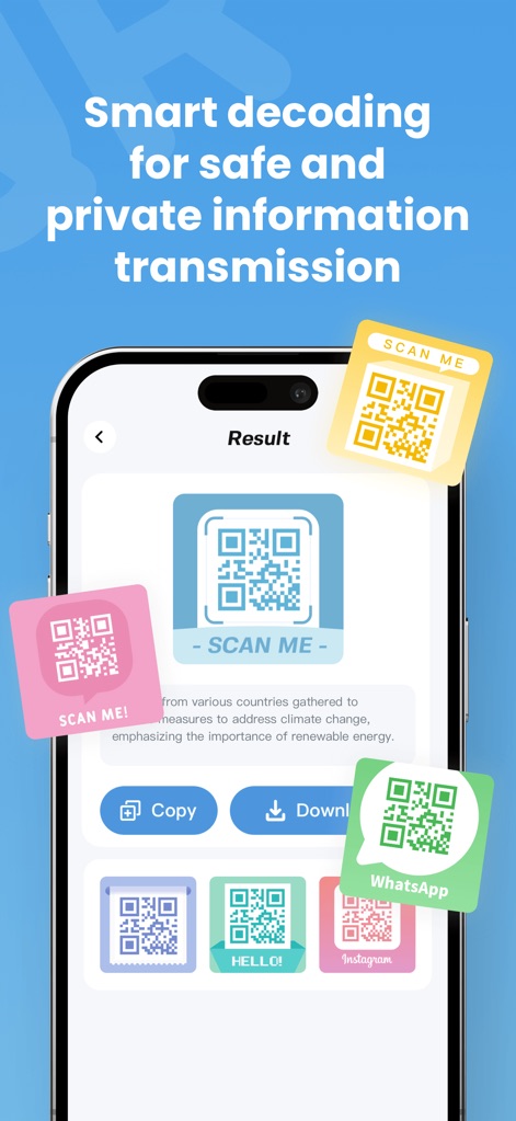 QR Master - Creator - Tras la decodificación, la pantalla de resultados presenta opciones intuitivas para copiar o descargar el contenido, mostrando también ejemplos de códigos QR personalizables y coloridos.