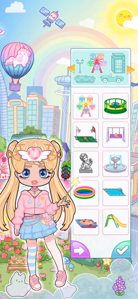 Chibi Maker: Dress Up Games - Nutzer können hier eine Chibi-Figur in einem lebhaften Outdoor-Parkhintergrund platzieren und die Szenerie mit zusätzlichen Elementen wie einem Riesenrad und einer Schaukel anpassen.