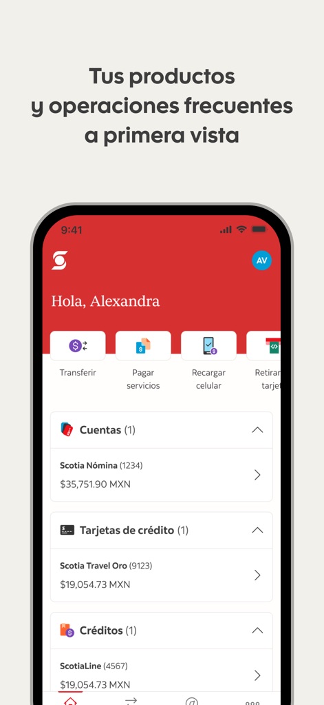 ScotiaMóvil MX - L'interface présente un aperçu clair des produits bancaires comme les 'Cuentas' et les 'Tarjetas de crédito', complété par des accès rapides aux opérations fréquentes telles que 'Transferir' et 'Pagar servicios'.