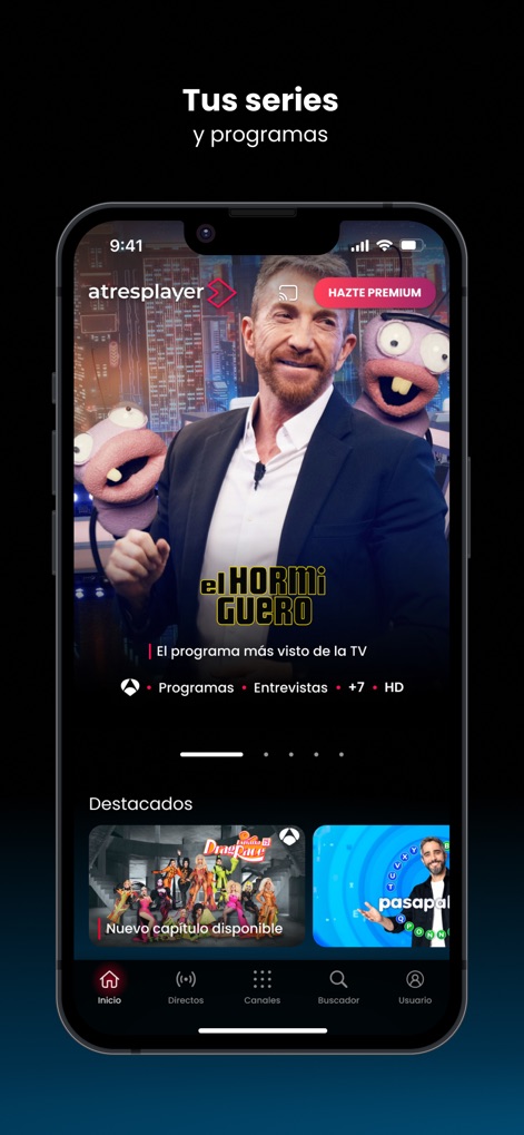 atresplayer: Series y Noticias - La pantalla principal presenta la reproducción destacada de programas populares como "El Hormiguero", y la aplicación facilita la navegación con su barra inferior intuitiva que incluye opciones como "Inicio" y "Directos".