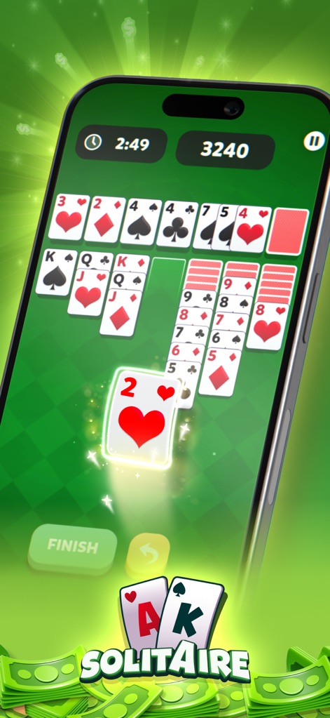 Blitz - Win Cash - Users can enjoy a familiar Solitaire game interface, complete with a traditional card layout and a prominent "FINISH" button.