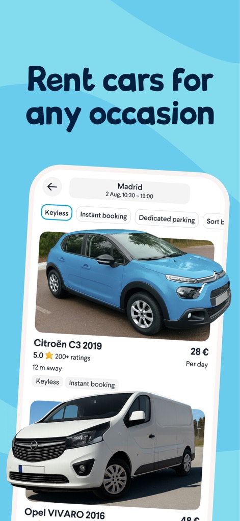 Amovens | Car rental - Explore a wide selection of vehicles with clear images and daily pricing, easily filtered by options like 'Keyless' access and 'Instant booking'.