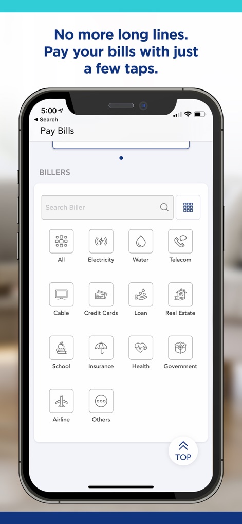 PNB Digital - La aplicación simplifica el pago de servicios, presentando una lista exhaustiva de categorías de facturadores y un campo de búsqueda intuitivo para encontrarlos.