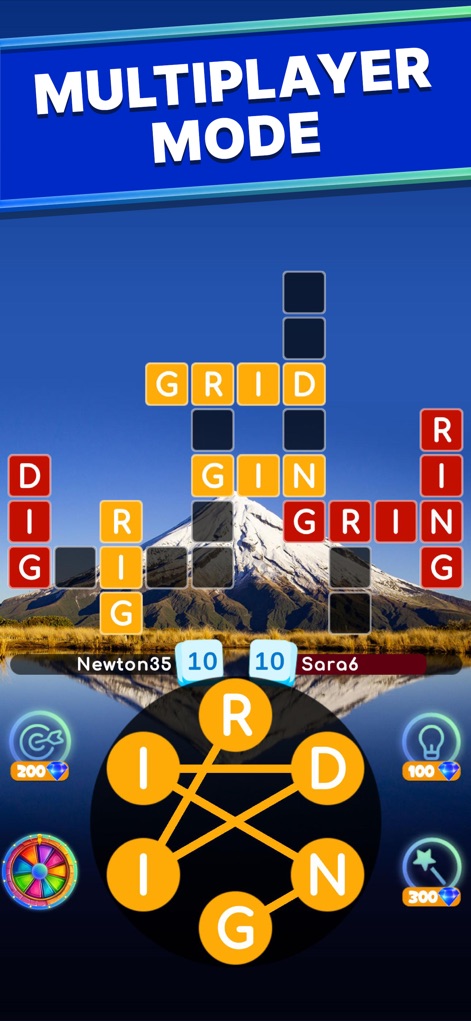 Calming Word Tour - El modo "MULTIPLAYER" permite a los usuarios competir con amigos, mostrando nombres de jugadores como 'Newton35' y 'Sara6' mientras completan la cuadrícula de juego.