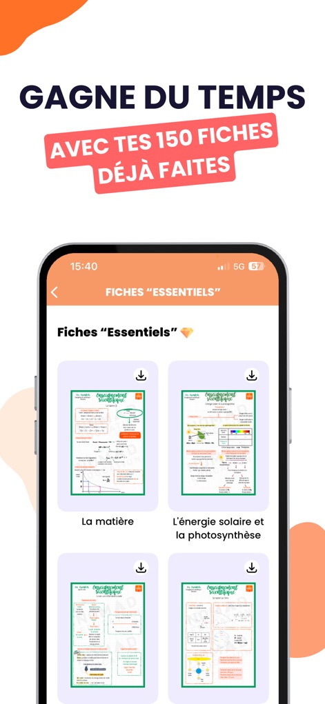 Brevet Bac Licence 2026 Nomad - Access a vast library of 'Fiches Essentiels', visually organized by topic with convenient download icons, saving valuable study time.
