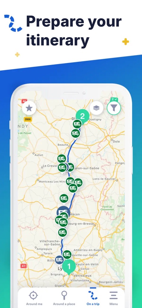 park4night - The app streamlines travel by allowing users to plot multi-stop itineraries, visually represented by numbered RV icons along the route.